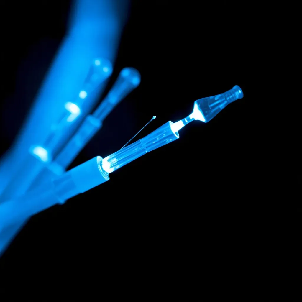 Close up of broken fiber optic cables glowing with blue ligh