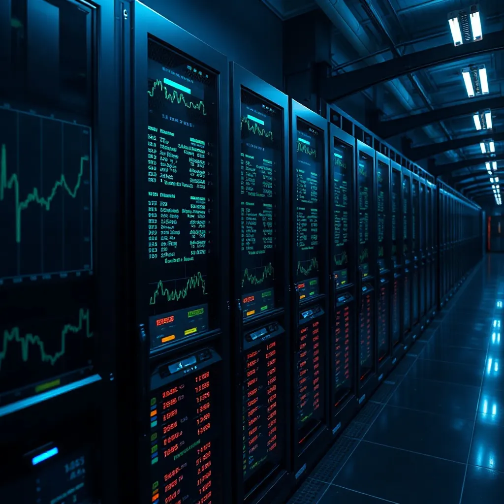 A high-tech digital interface showing complex financial data