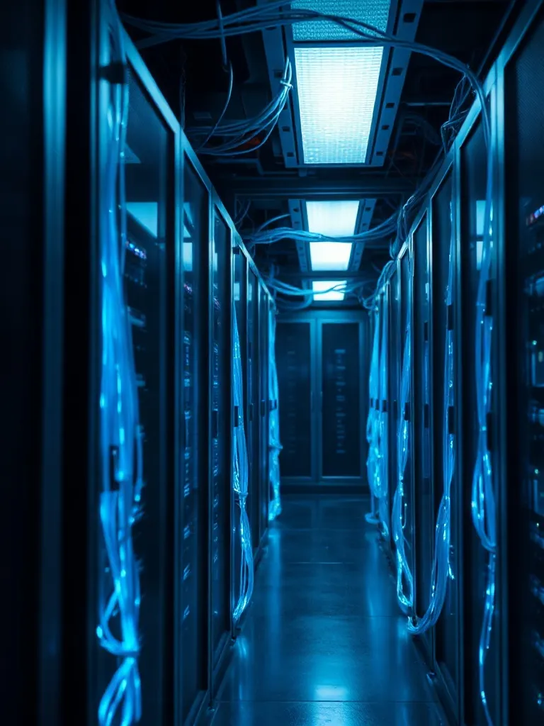 A dark, high-tech server room with glowing blue wires and ab