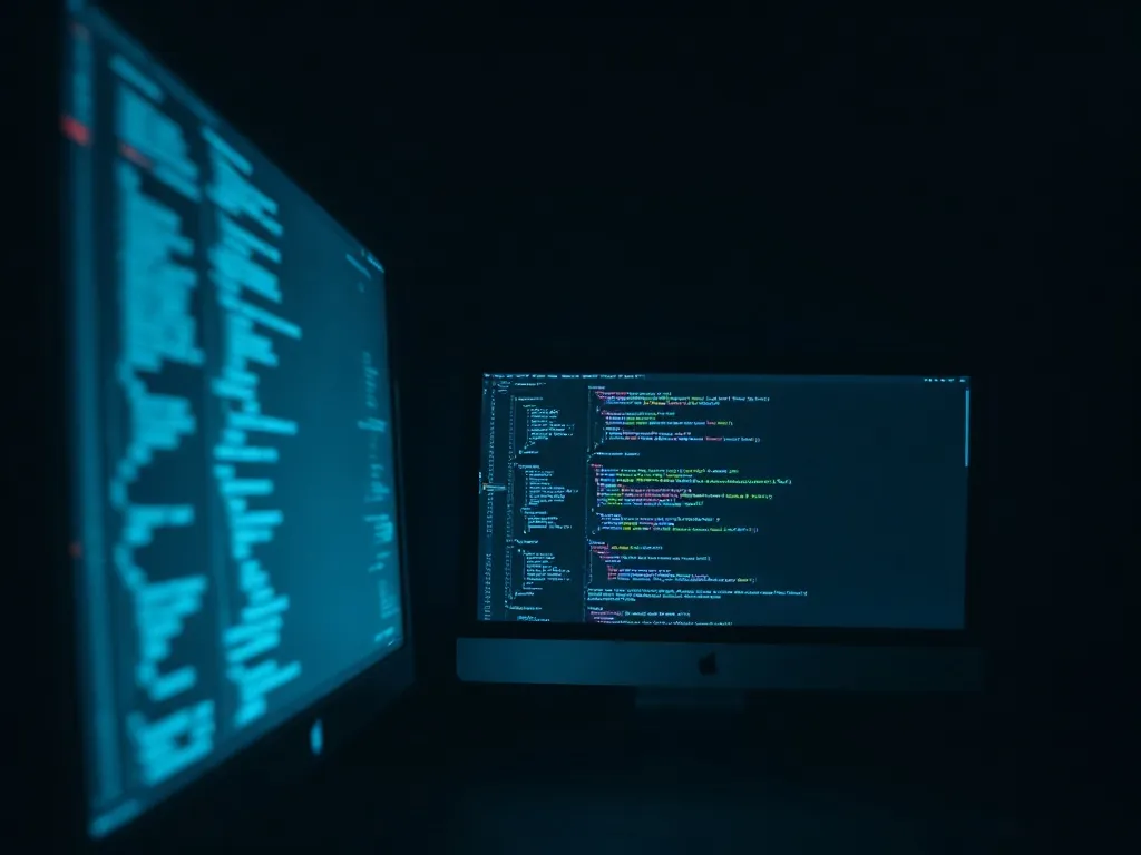 A single bright computer screen in a dark room, showing comp