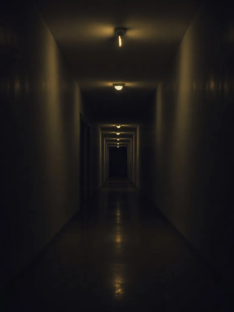 A long dark corridor with fading lights, symbolizing memory